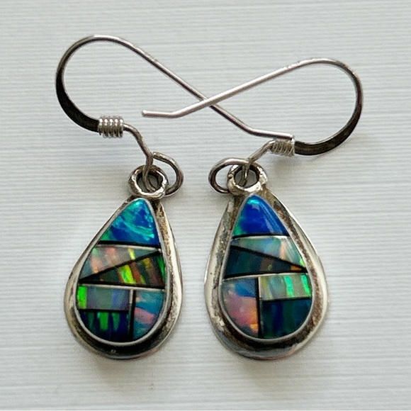Jewelry - Signed Southwestern Opal Inlay Sterling Silver Teardrop Earrings